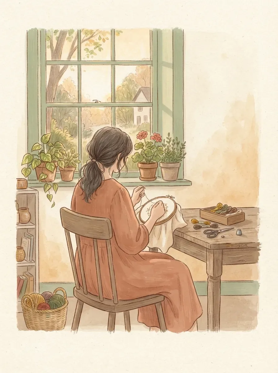Ilustración: una madre en calma junto a la ventana, con las manos ocupadas en una manualidad.