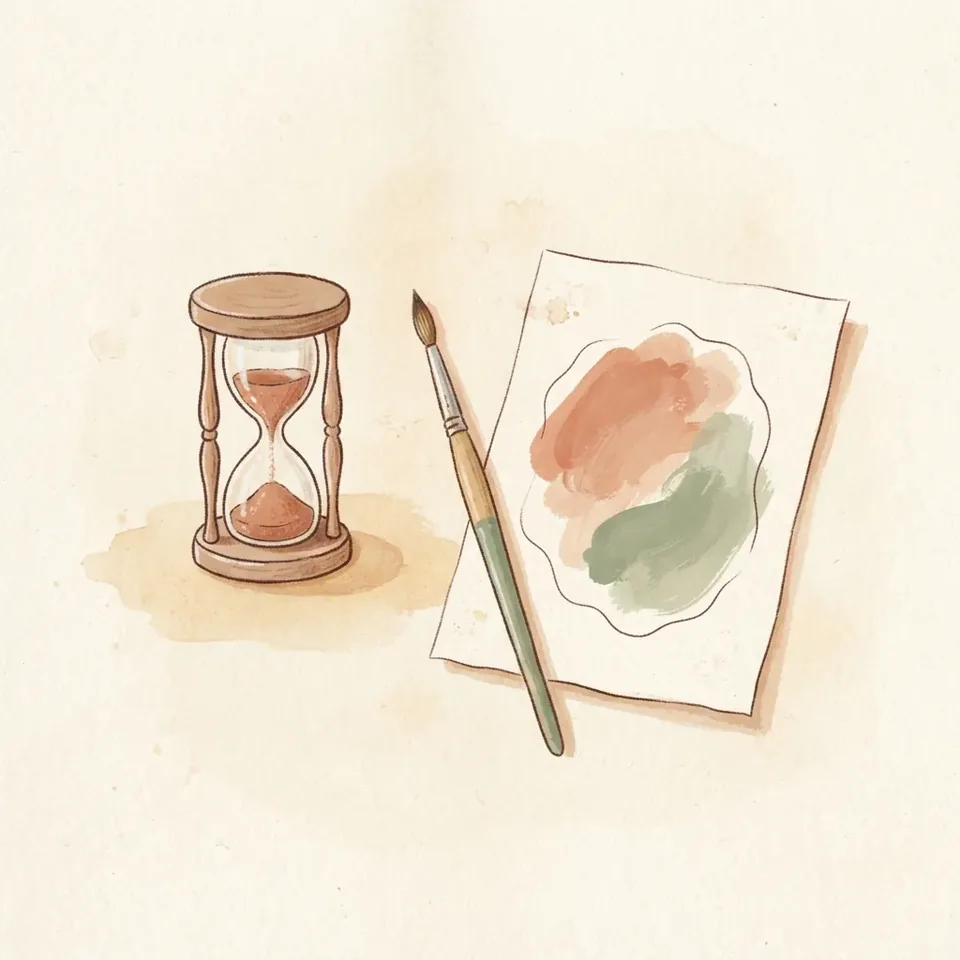 Ilustración de una pausa creativa: reloj de arena, pincel y una mancha de acuarela.