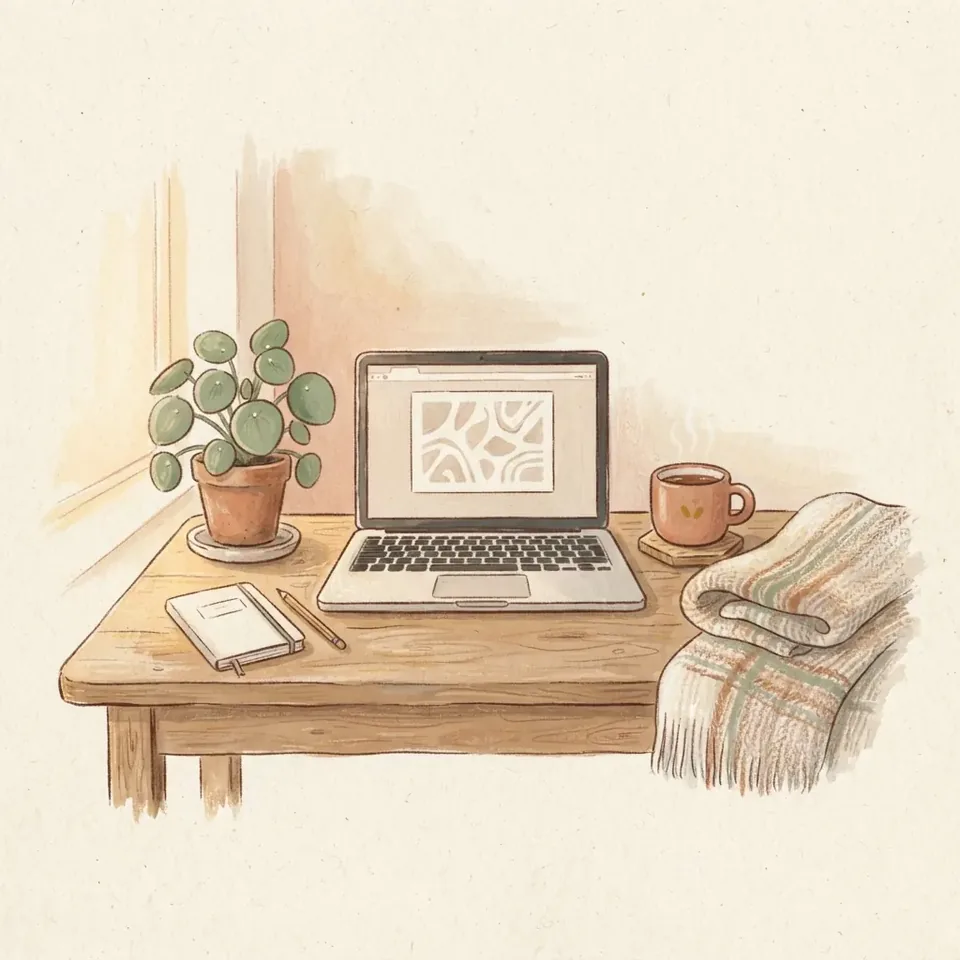Ilustración: escritorio con un portátil listo para la videollamada.
