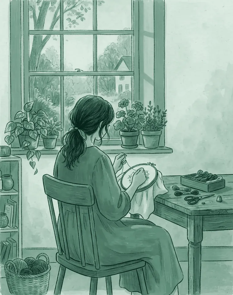 Ilustración de una mujer sentada junto a una ventana, tejiendo con calma