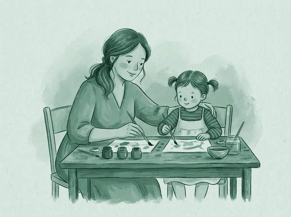 Ilustración de una madre y una niña pintando juntas en una mesa