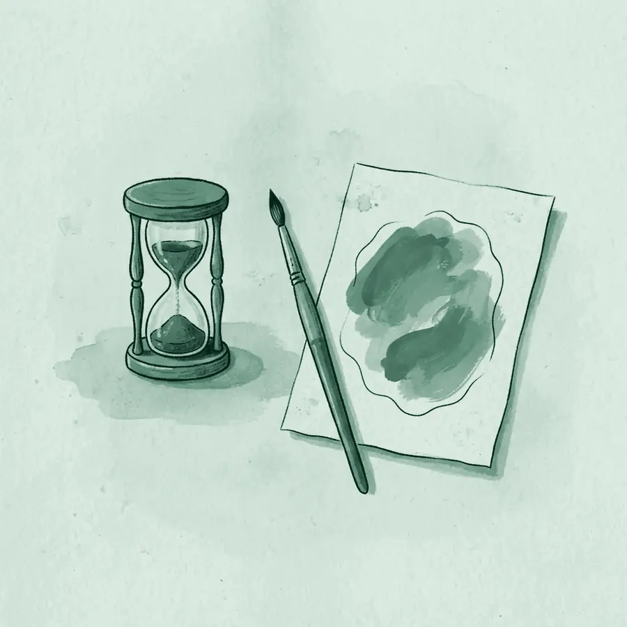 Ilustración de un reloj de arena, un pincel y una hoja con manchas de acuarela