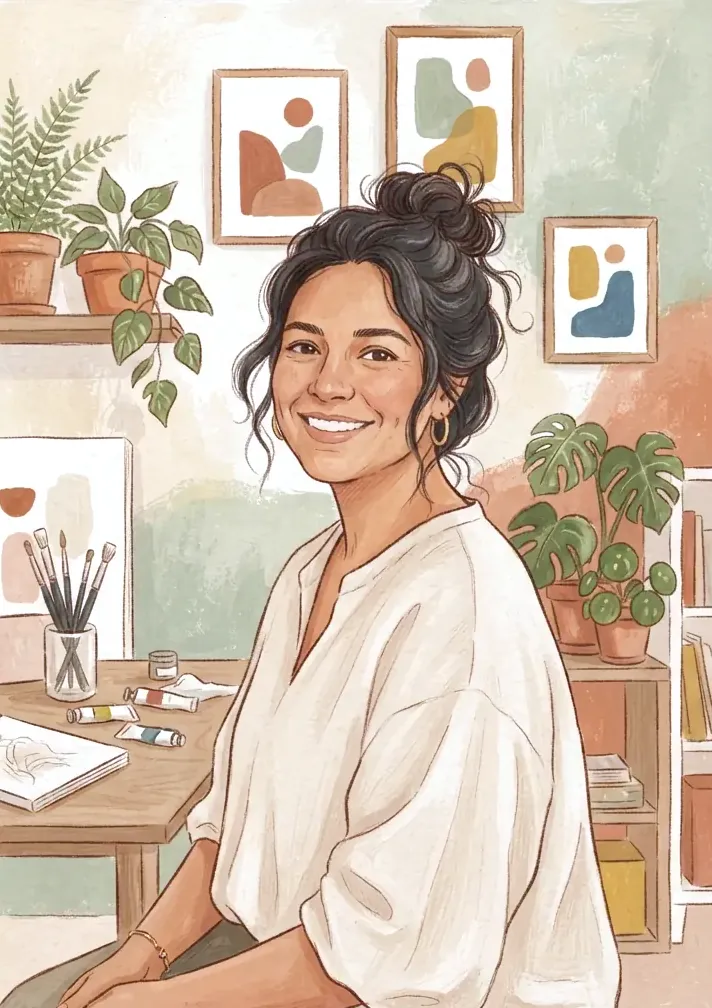 Retrato ilustrado de Laurie Nobles sonriendo, rodeada de plantas y cuadros