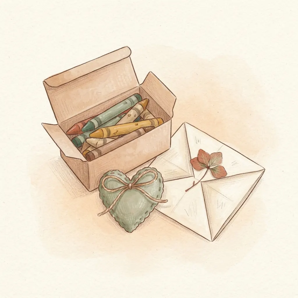 Caja con lápices de colores, un corazón de tela y un sobre