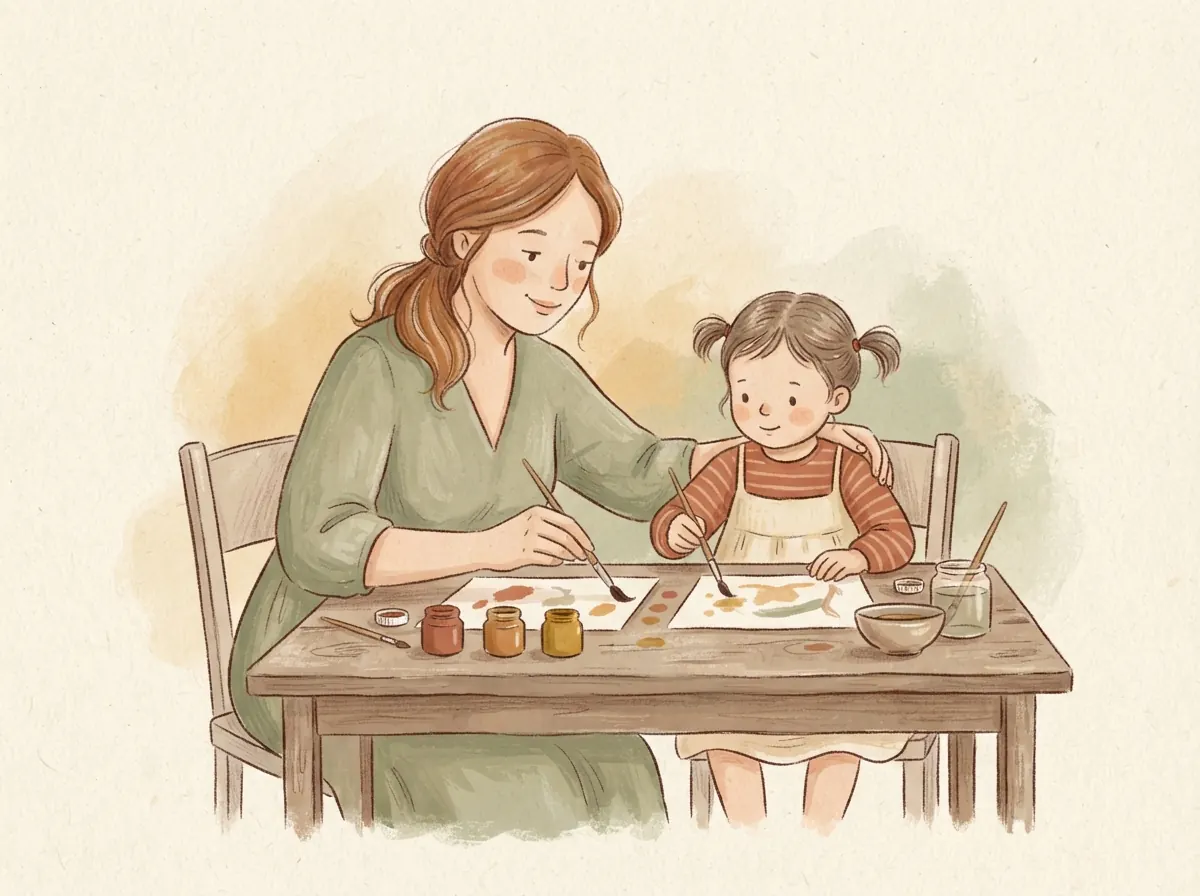 Una madre y una niña pintan juntas en la mesa