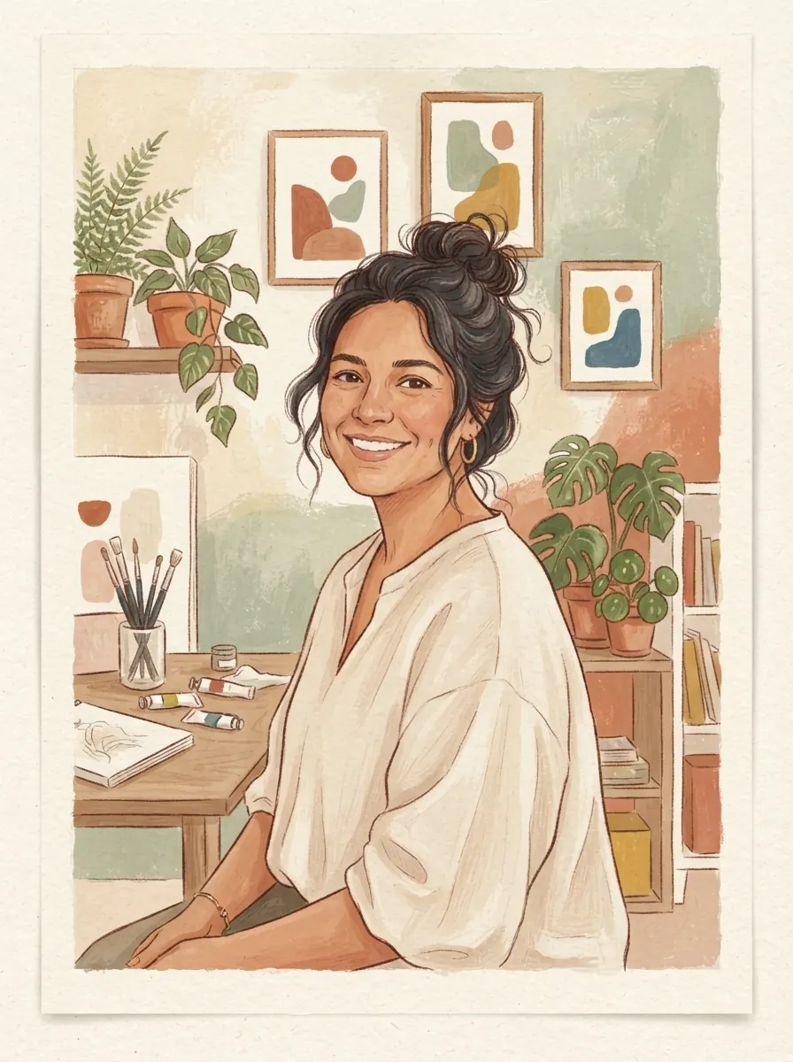 Retrato ilustrado de Laurie Nobles, sonriente, en un estudio con plantas y cuadros